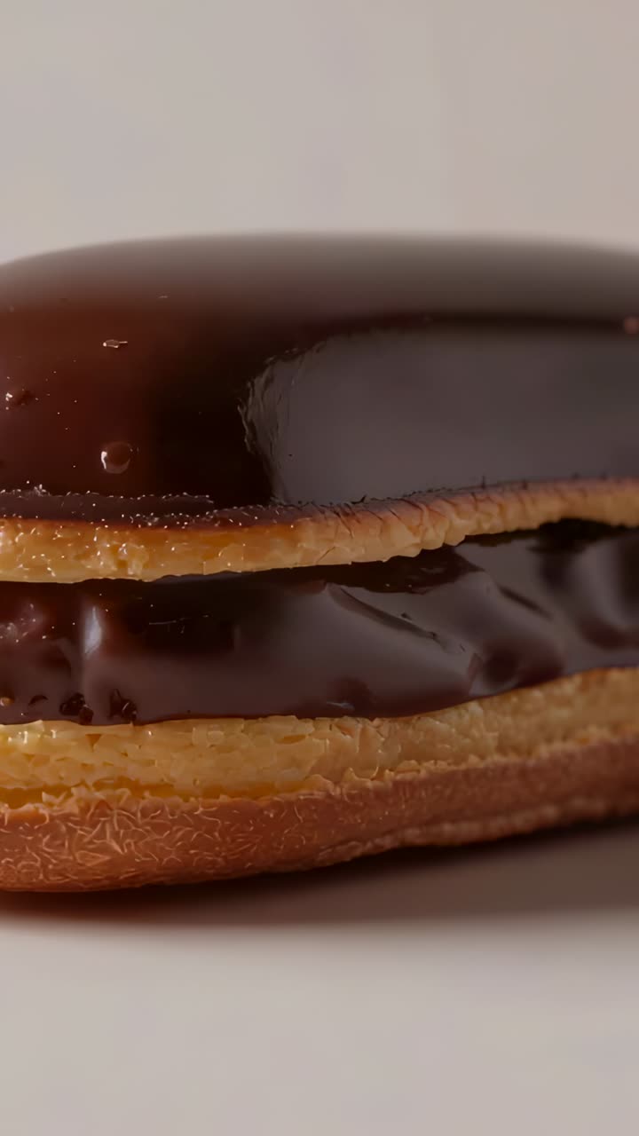 Vídeo vertical: câmera se afastando para revelar carolinas com cobertura de chocolate em cima da mesa e mostrar as camadas