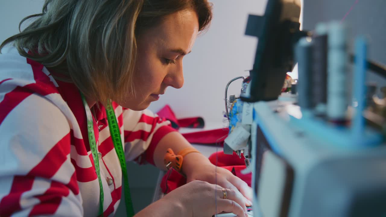 Donna concentrata a cucire piccoli articoli in tessuto. Indossa una maglietta a righe rosse e bianche con un cordino verde. Mani ferme, concentrate sul compito di cucitura dettagliata. Scena ideale per artigianato, fai da te