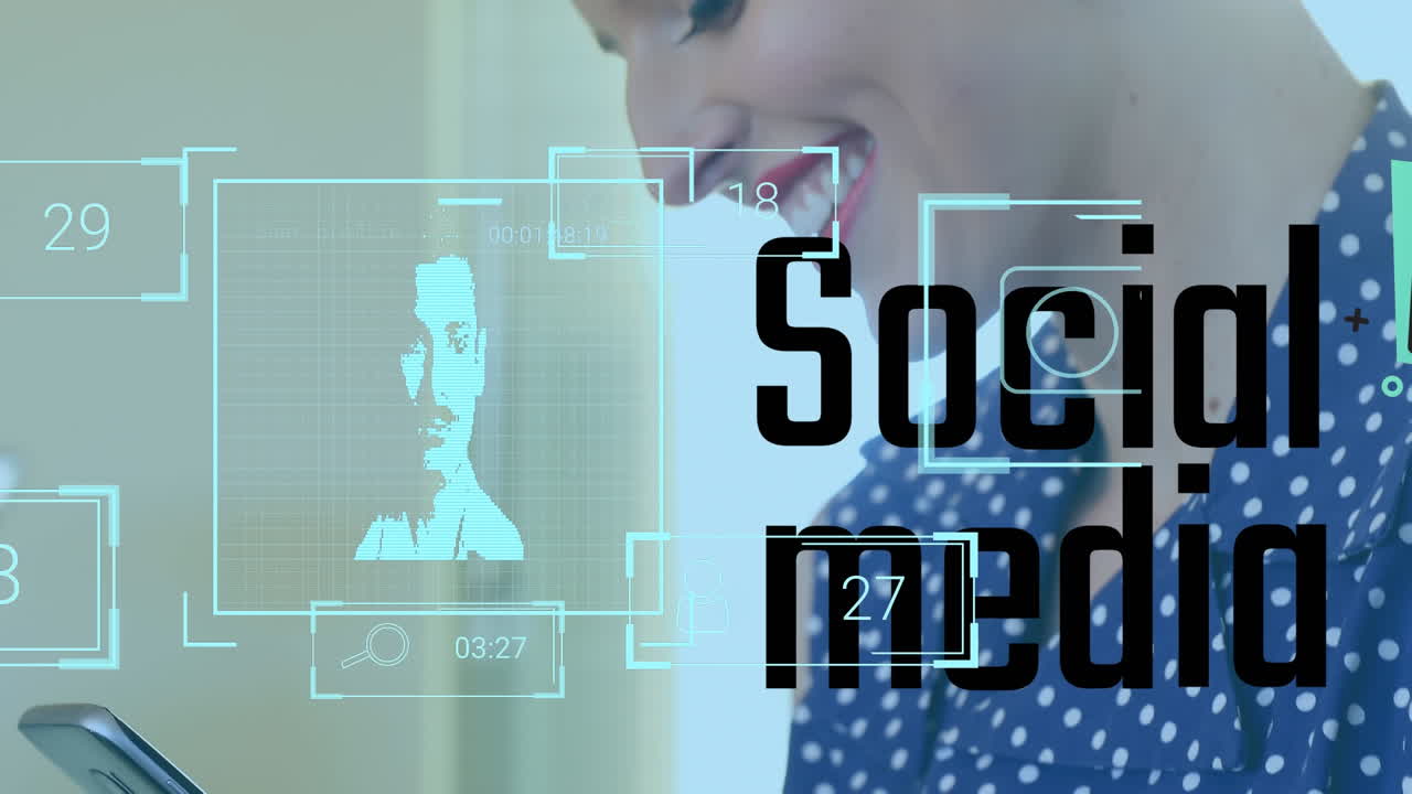 스마트폰을 사용하는 백인 여성에 대한 소셜 미디어 텍스트와 아이콘의 애니메이션