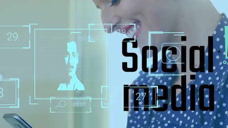 animación de texto e iconos de redes sociales sobre una mujer caucásica que usa un teléfono inteligente