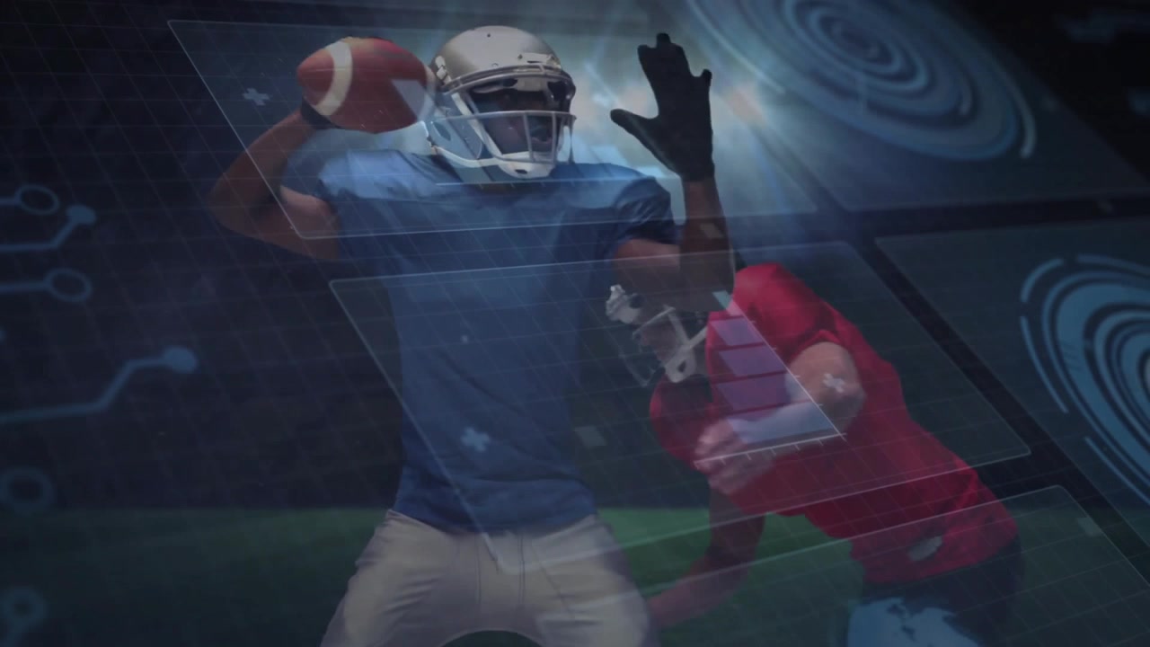 Giocatore di football americano che lancia la palla con sovrapposizione di dati digitali.