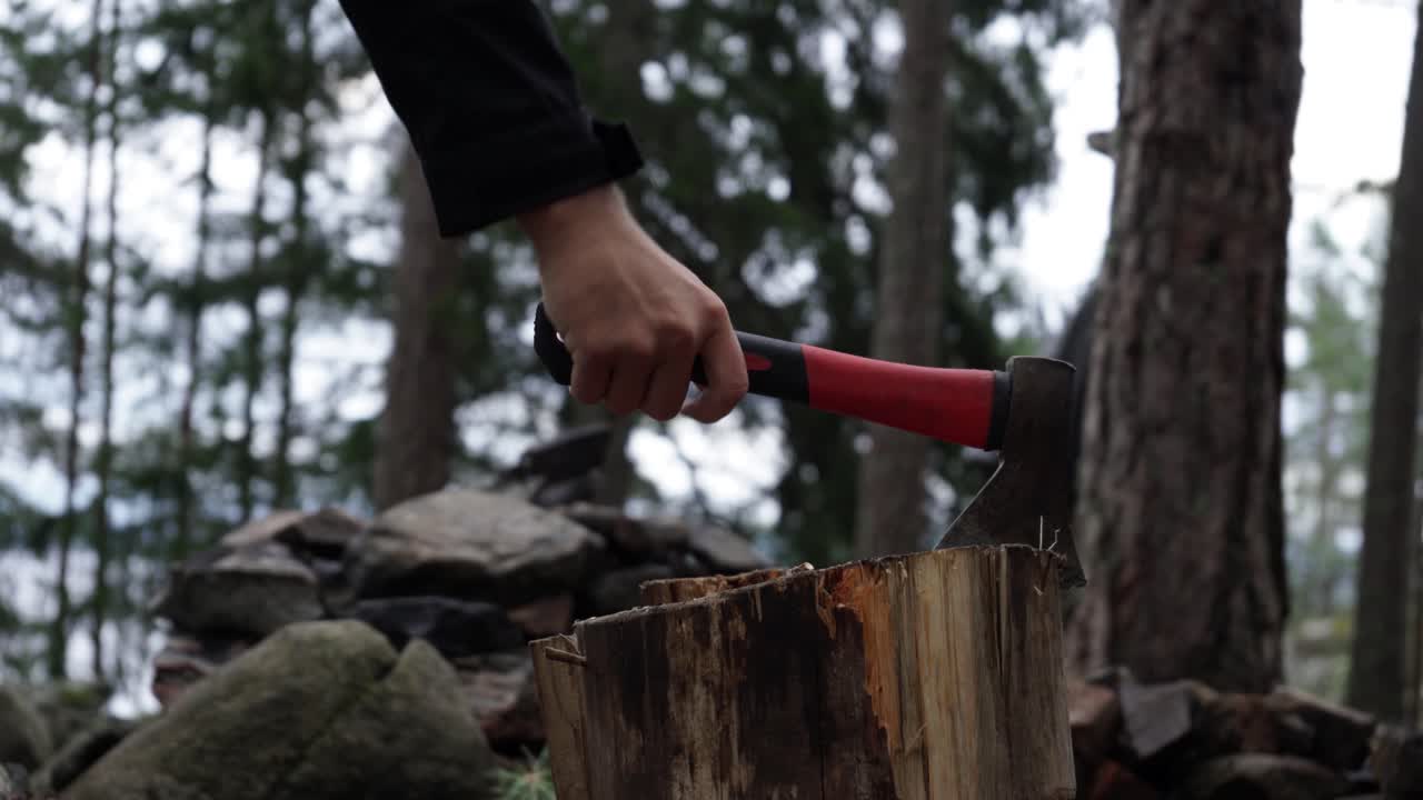 Chopping a piece of wood with an axe in the forest