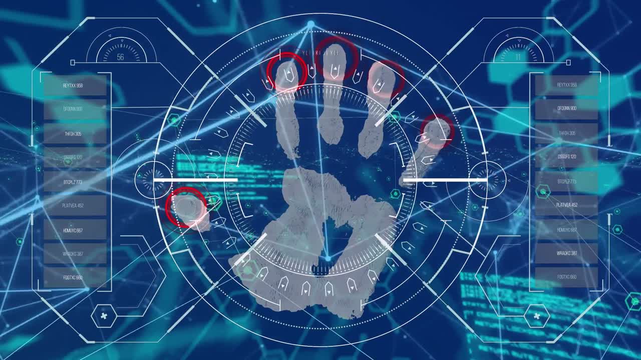 animación del sistema de seguridad biónico manual sobre el procesamiento de datos en espacio azul y verde