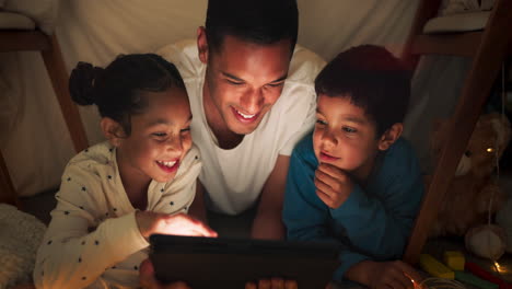 Night,-father-and-children-on-tablet-in-tent