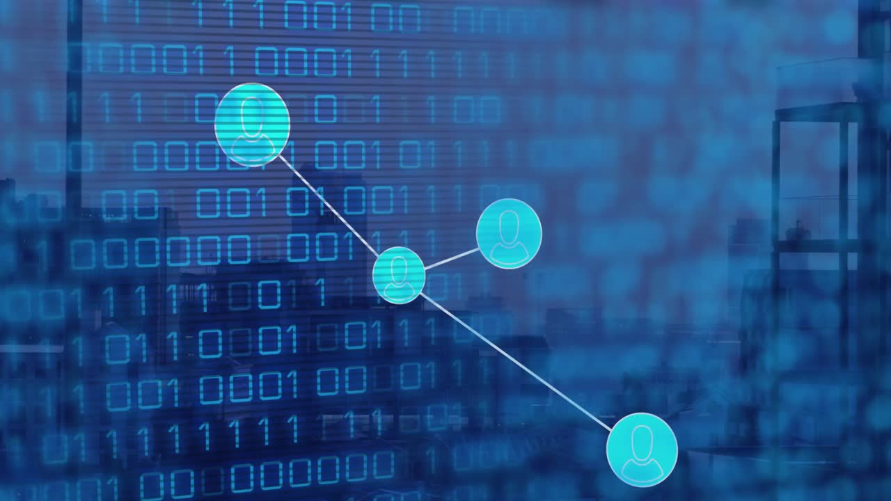 animación de la red de iconos de perfil y codificación binaria contra la vista aérea del paisaje urbano.