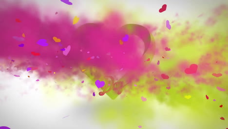 animation of colourful hearts and powder over happy valentine's day on white background