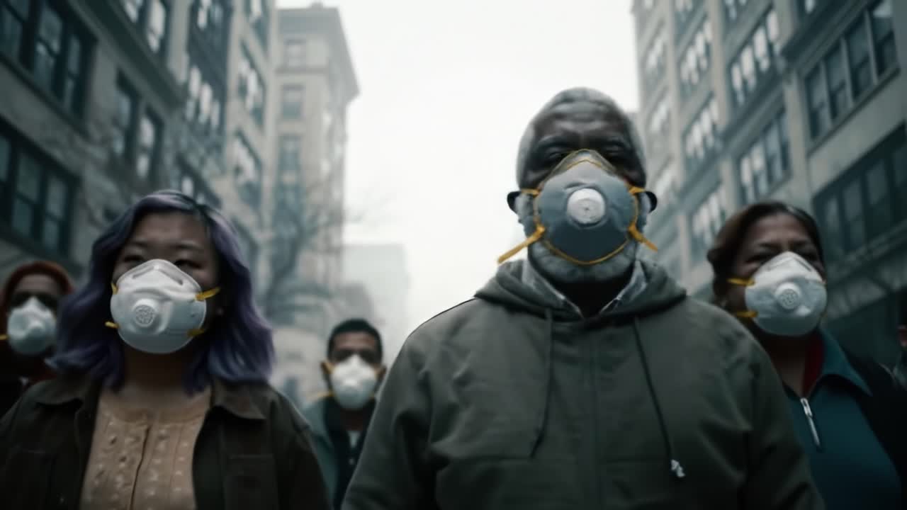 A somber gathering of diverse individuals wearing protective masks conveys a powerful message about unity and resilience in the face of adversity in an urban environment