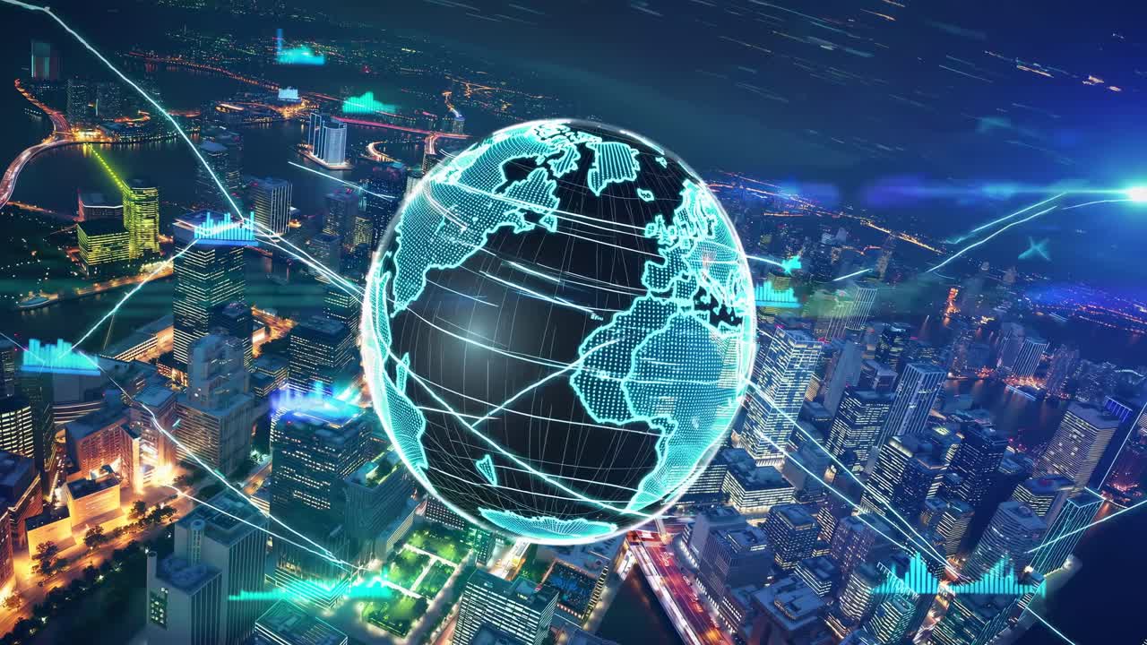 Futuristic video concept of a glowing digital globe over a cityscape