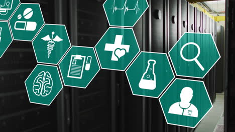 animación de iconos médicos y procesamiento de datos a través de servidores informáticos