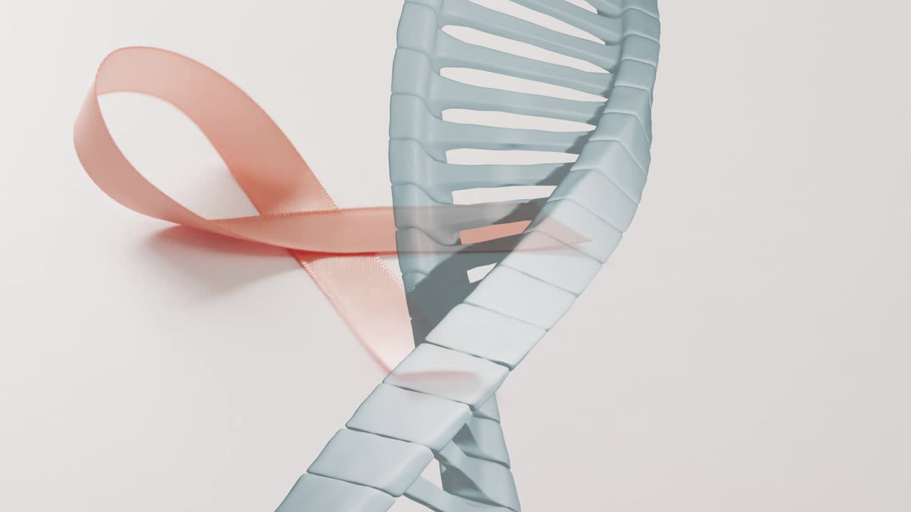 암에 대한 인식을 상징하는 분홍색 리본 위의 dna 줄기 애니메이션