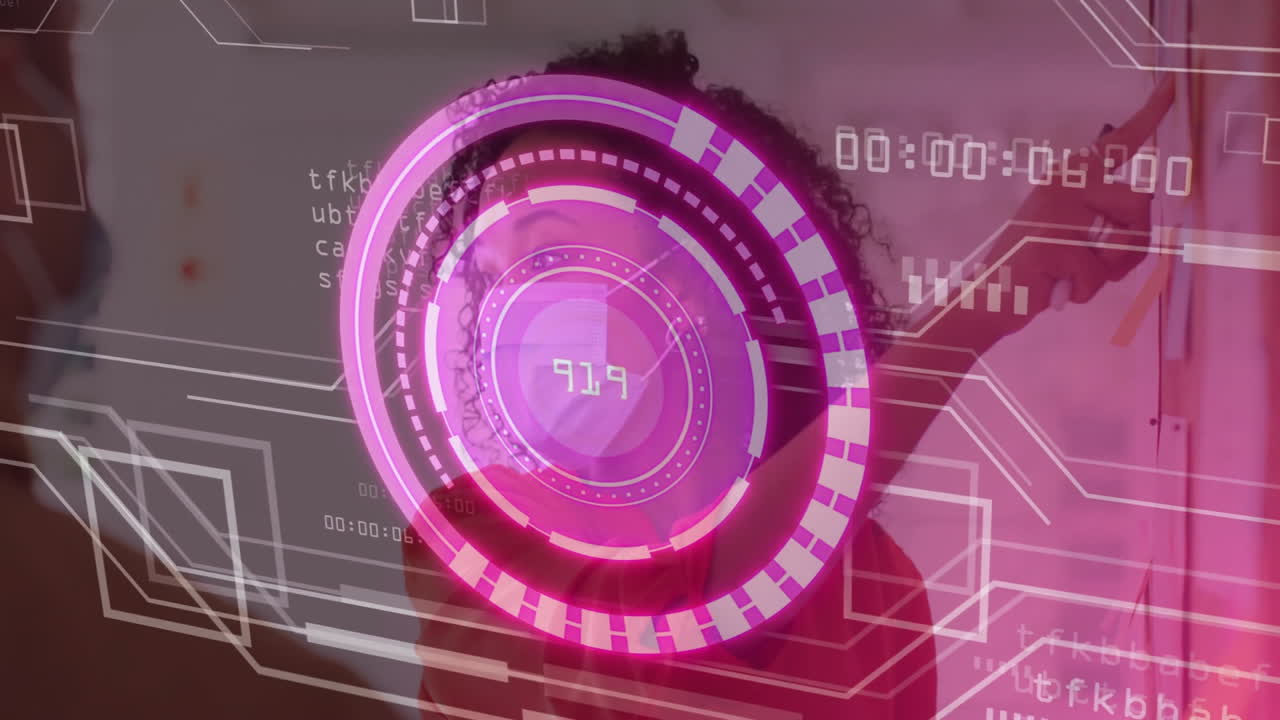 In school, student interacting with animation on futuristic digital interface overlay