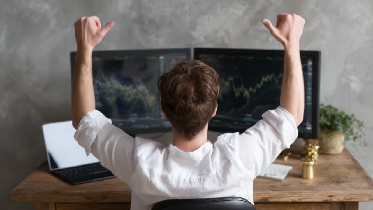 Celebrating Success: A Person Shows Enthusiasm with Raised Arms in Front of Dual Monitors Displaying Stock Market Graphics and Data Analysis