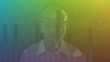 animation of graphs and connected dots over close up of african american man