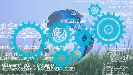 animación de engranajes móviles y globo sobre el procesamiento de datos en el prado