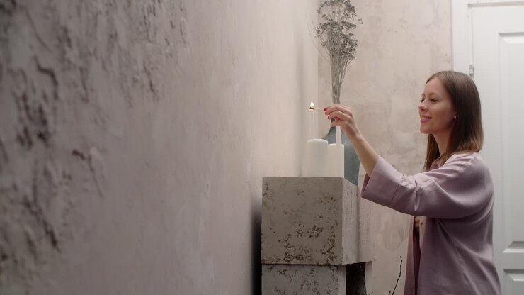 Woman Lighting Candles in a Cozy Room