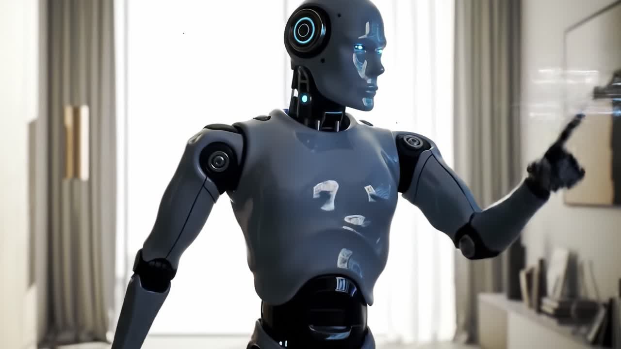 A Futuristic Robot Standing Tall in a Modern Environment with Holographic Interface Elements Highlighting Advanced Technology and Design Features