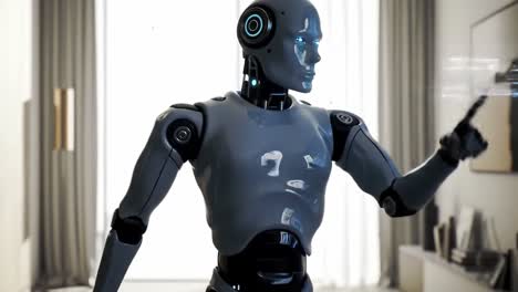 a futuristic robot standing tall in a modern environment with holographic interface elements highlighting advanced technology and design features