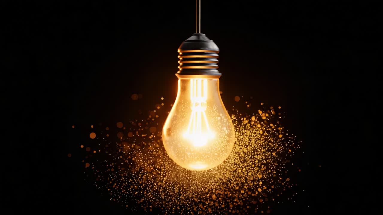 A mesmerizing close-up of a glowing light bulb, illustrating the beauty of illumination with particles dancing around it, showcasing creativity and the power of light in a dark environment