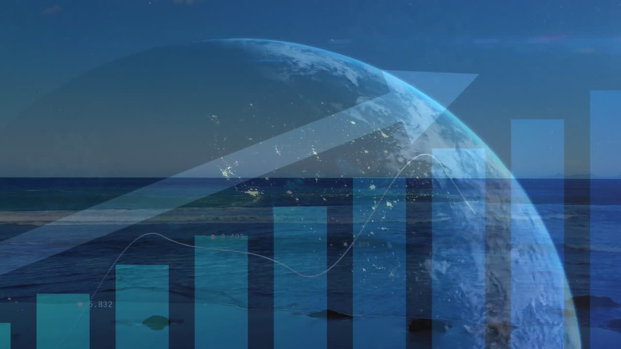 위쪽 화살표와 그래프의 애니메이션으로 지구와 풍경에 대한 데이터를 처리합니다.