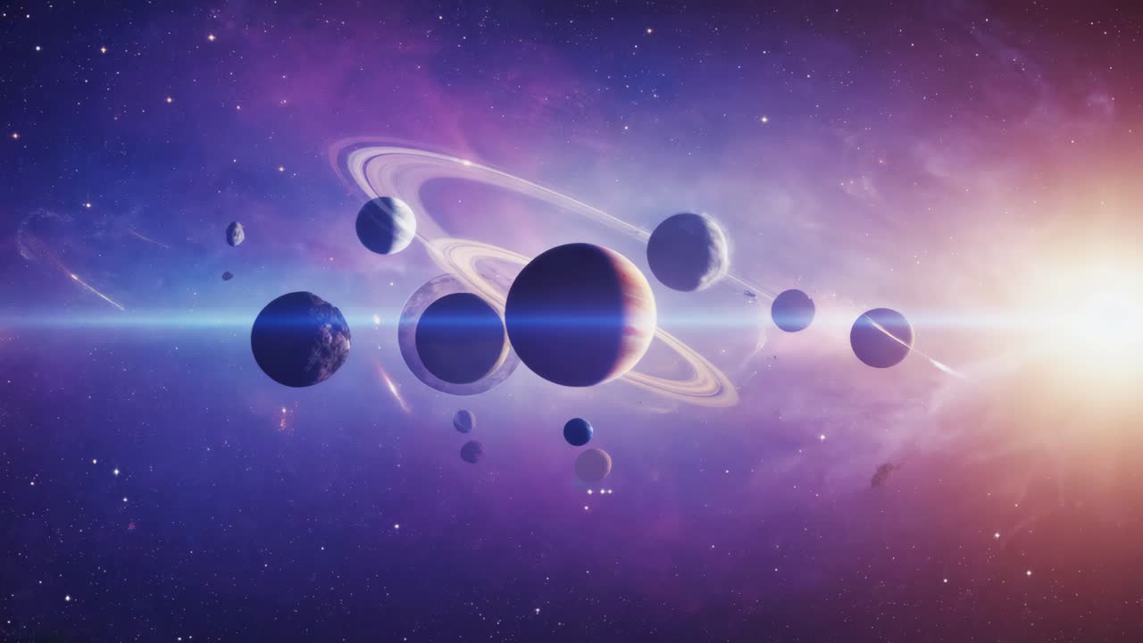 A vibrant depiction of planets with rings in a colorful cosmic landscape