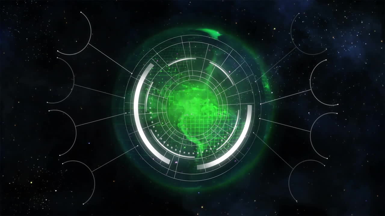 Animation of green digital radar scanning starry space background in school setting