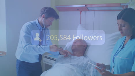 doctor examining patient in hospital bed, 308,063 followers text over animation