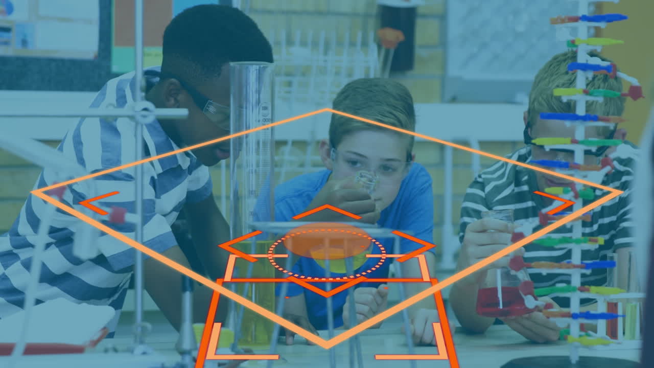 animación de formas en movimiento sobre diversos escolares en el laboratorio