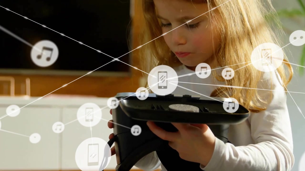 Animation of network of connections with icons over caucasian girl using vr headset