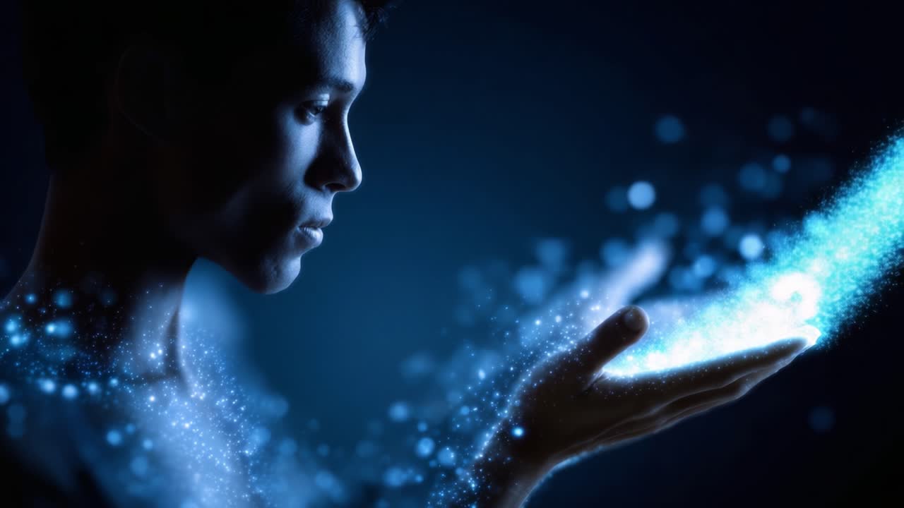 Una figura contemplativa che osserva un flusso di scintille eteree emanare dalla sua mano, a illustrare il delicato equilibrio tra il potenziale umano e la meraviglia cosmica