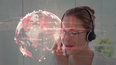 Animation-of-globe-and-connections-over-businesswoman-wearing-phone-headsets