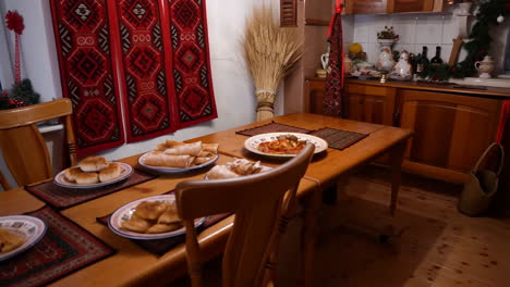 traditional kitchen and dining space with rustic decor and prepared food