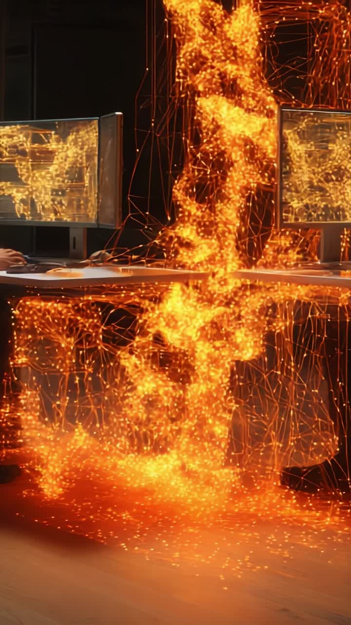 An Innovative Display of Dynamic Visualization with Fiery Particles Flowing and Intertwining Between Two Interfaces in a Modern Work Environment