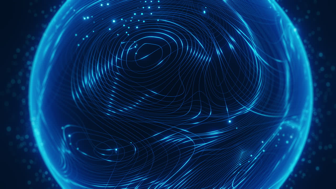 Glowing digital blue sphere with swirling data lines and particles on dark background, perfect for AI, metaverse, big data, technology, and futuristic abstract visuals