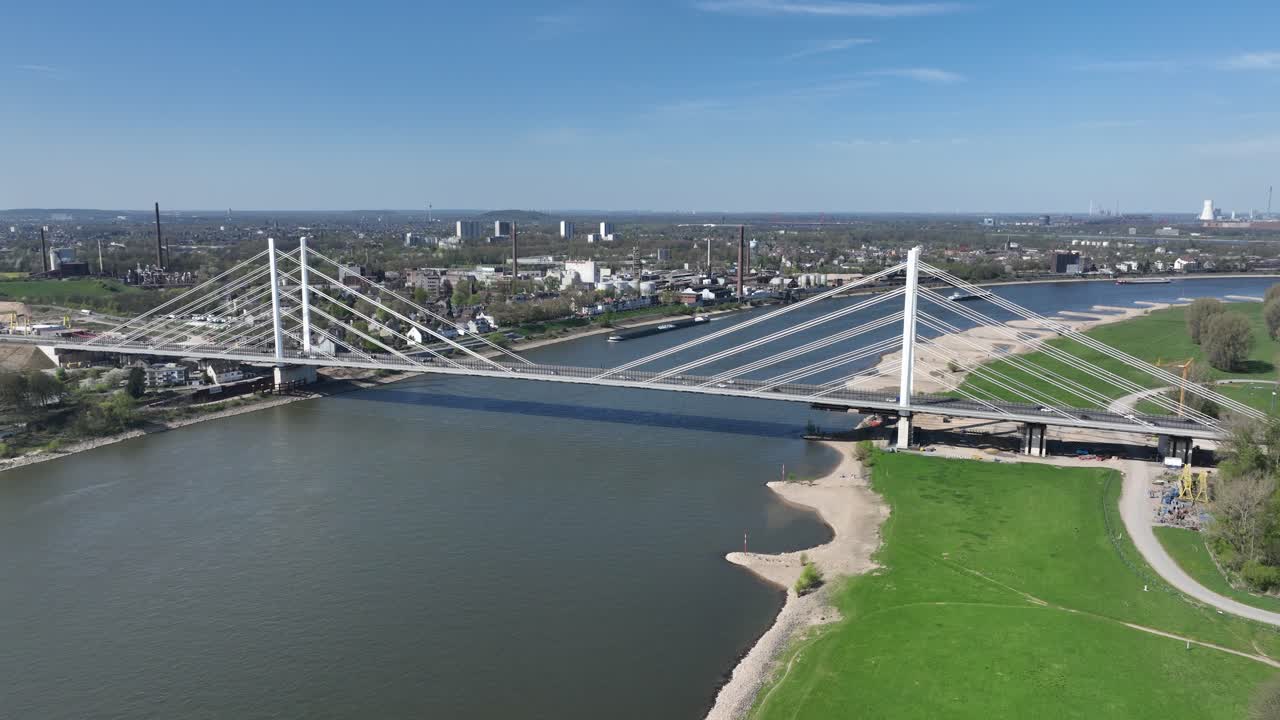 Rhine bridge, Neuenkamp,Duisburg, new constructed bridge, over the rhine river. Germany. Aerial view. Cable bridge.