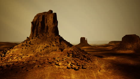 majestic rock formations in a vast desert landscape during golden hour