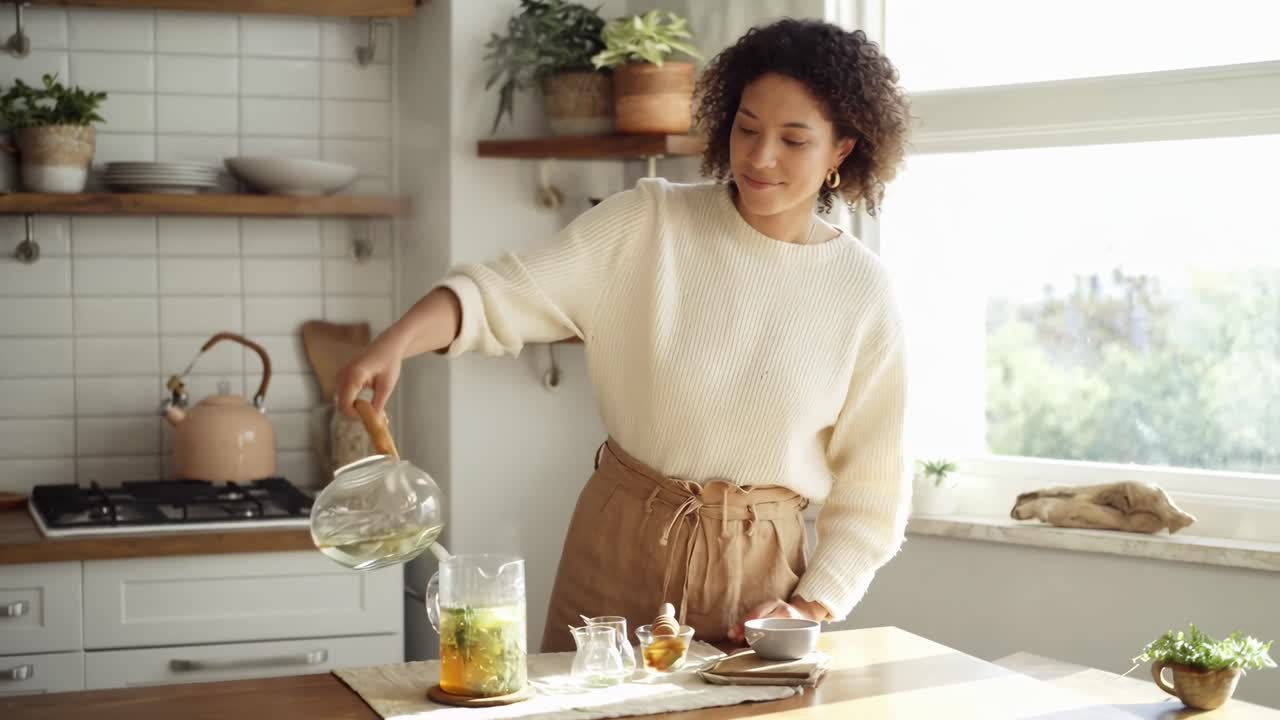 Bright kitchen video with a woman pouring tea, captured from a side angle, cozy style
