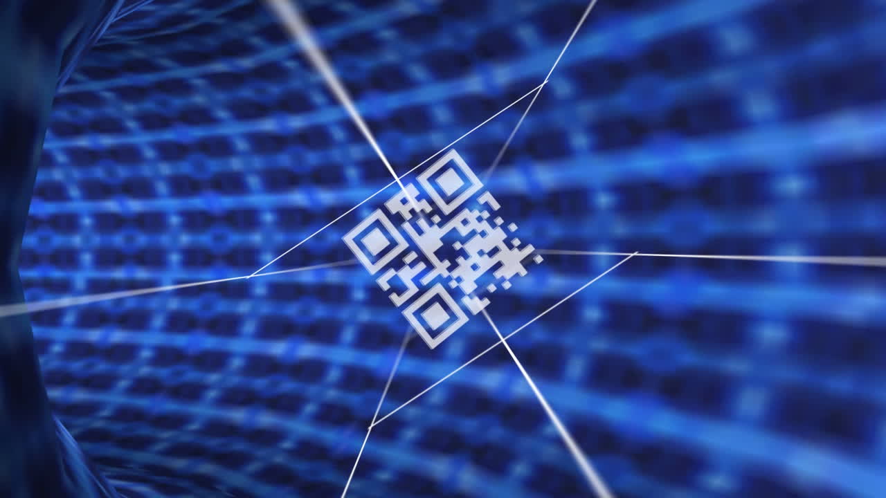 QR code scanner and network of connections against blue glowing tunnel
