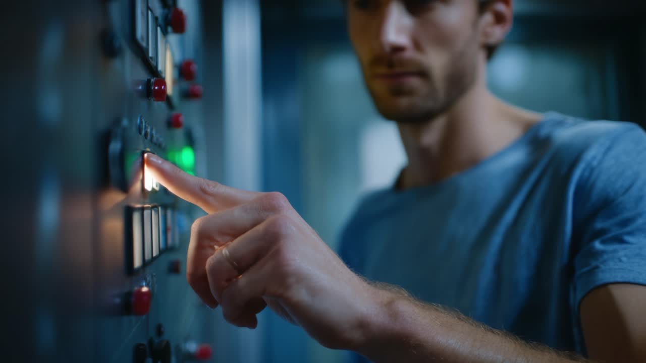 A focused individual engages with a control panel, indicating precision and attention in a technical environment with illuminated buttons and equipment