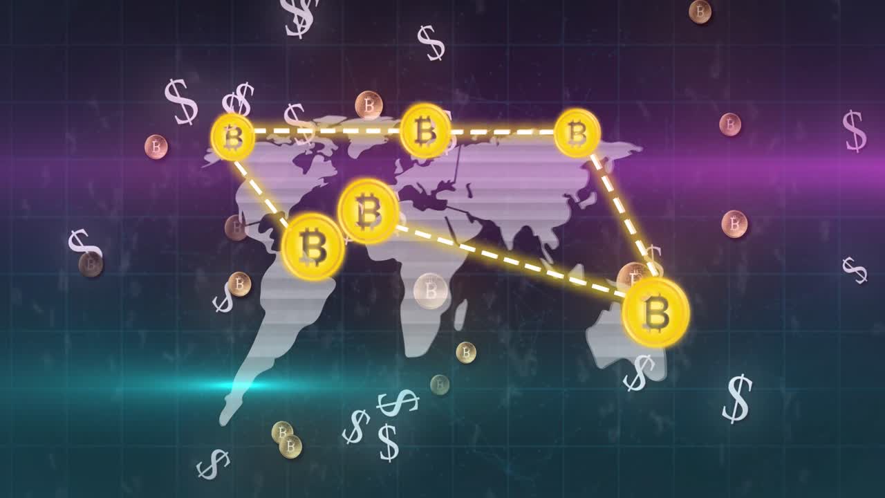 símbolo del dólar sobre el mapa del mundo con el símbolo de bitcoin conectado contra un fondo azul