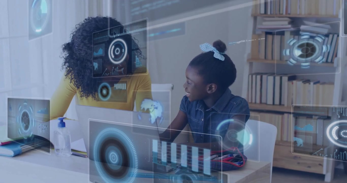 Animation of data over happy african american mother and daughter using laptop for school homework
