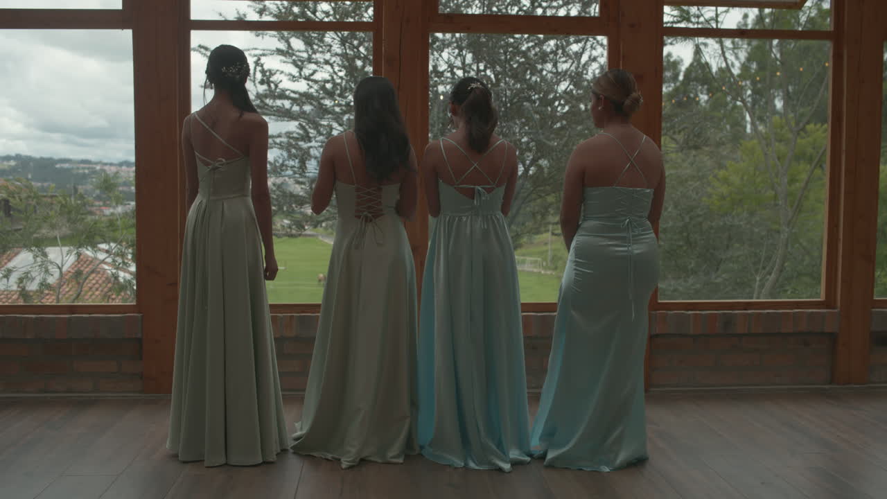 Wide shot of four bridesmaids standing, seen from behind, looking out at the landscape together through a large window.