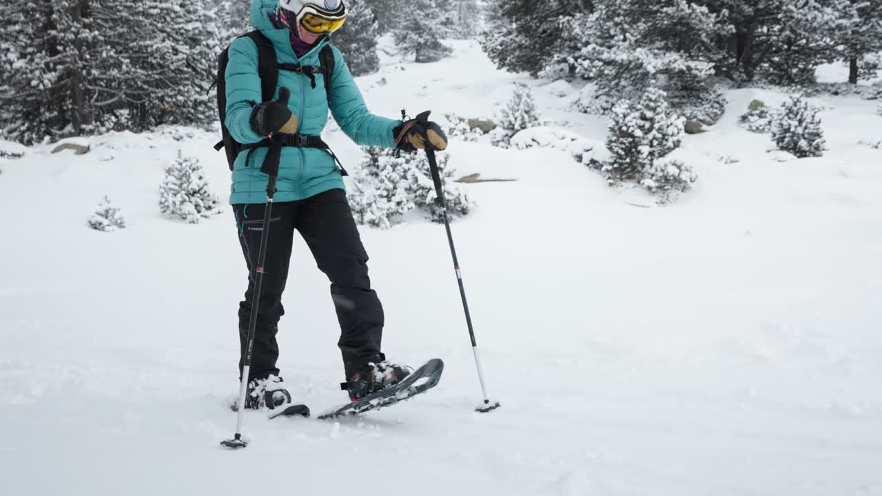 Snowshoer walks through fresh snow with poles in the Andorran mountains, snowy trees in the background.
