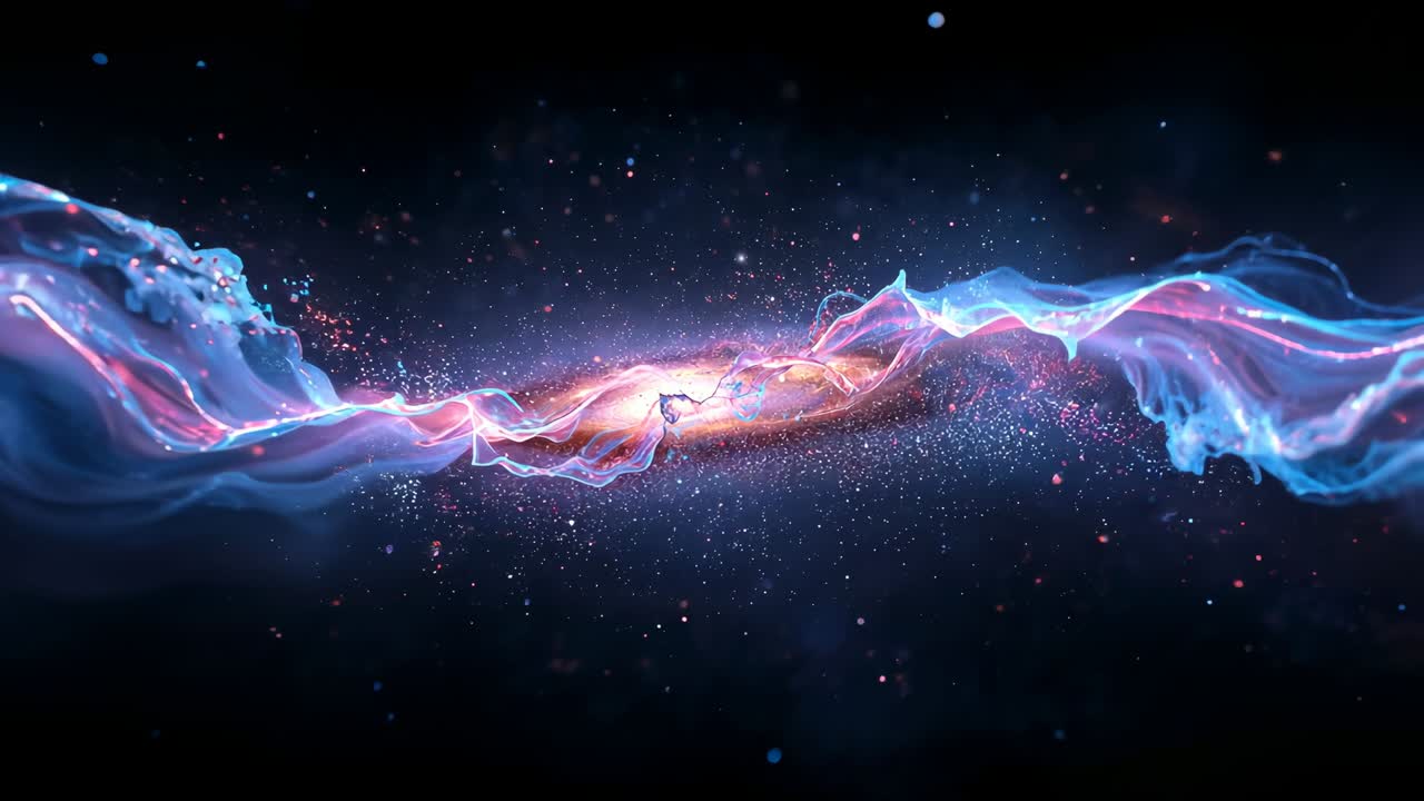 Pink-red and blue energy ribbons pulsing after initial pulse in cosmic void, forming spiral vortex