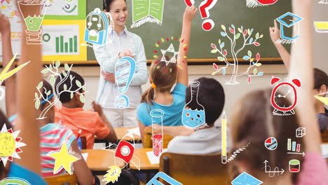 animation of colourful doodles and school equipment scrolling over smiling teacher and class