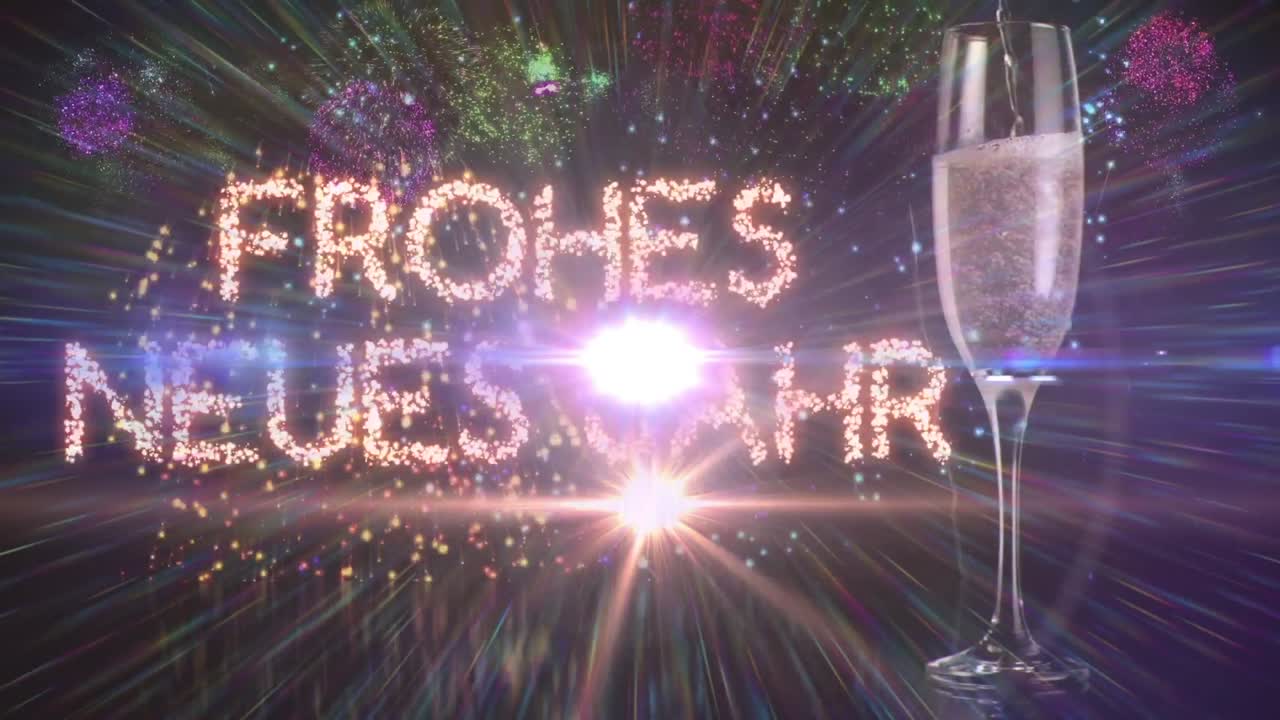 Animation von Text 'Frohes neues Jahr' und Feuerwerk über einem Sektglas