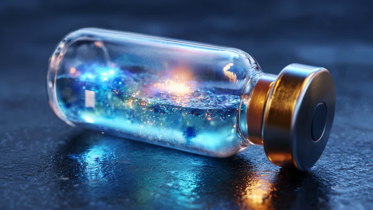 A Captivating Close-Up of a Mystical Glass Bottle Filled with Shimmering Liquid, Radiant Lights, and Sparkling Particles, Set Against a Dark Background, Evoking a Sense of Wonder and Curiosity