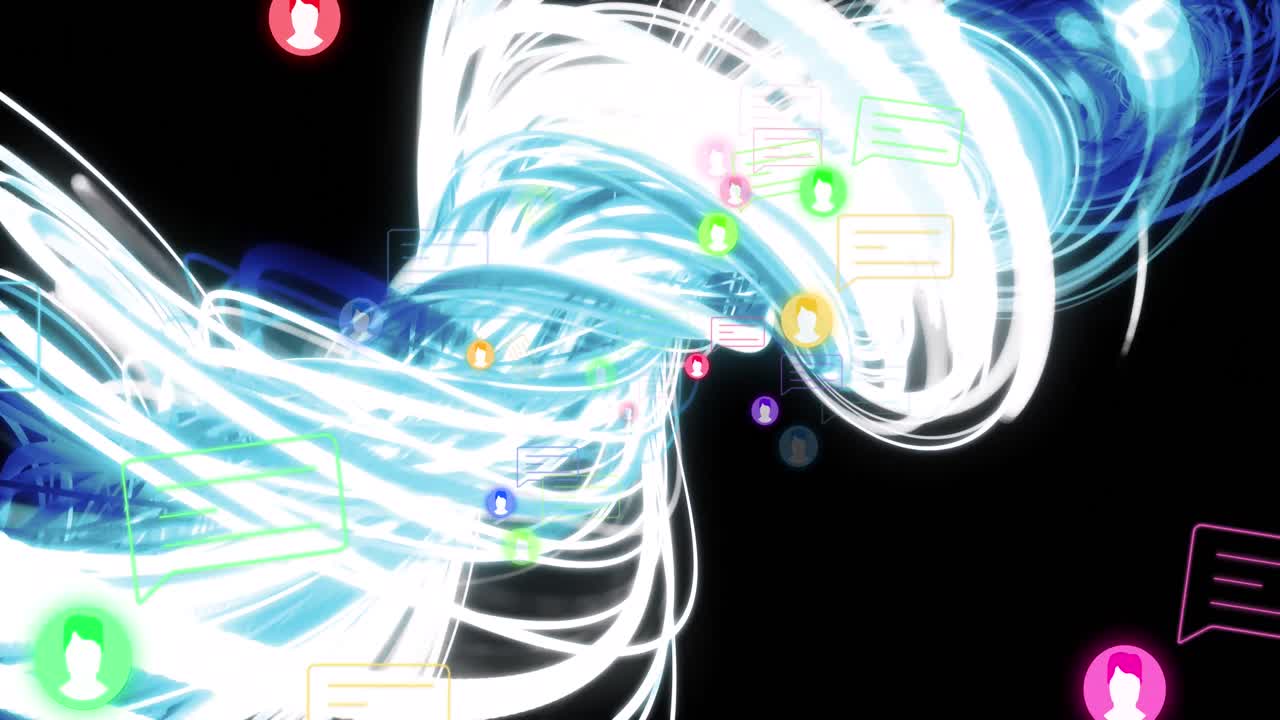 검은색 배경에 파동된 조명과 소셜 미디어 아이콘의 애니메이션