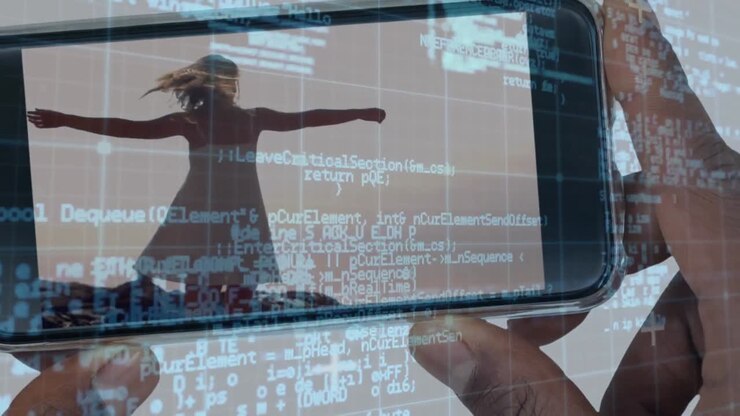 Animation of data processing over businessman using smartphone with woman dancing on screen