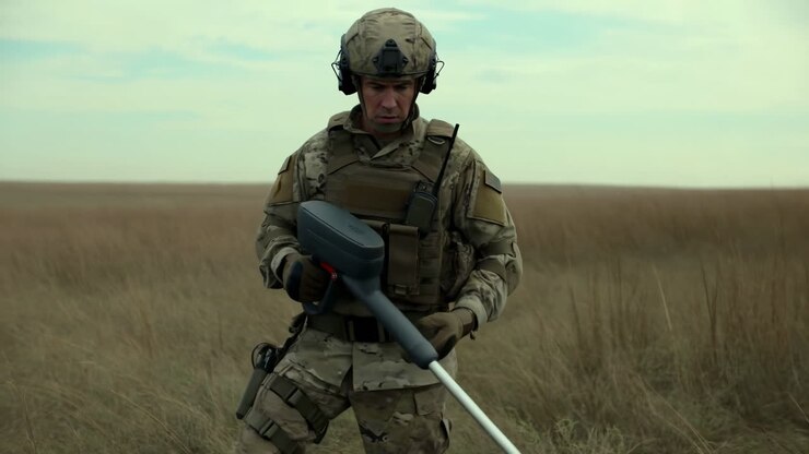 Soldato in uniforme militare che cerca con metal detector in un campo