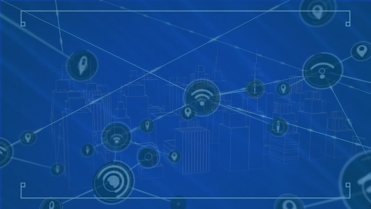 Animation of network of digital icons over 3d city model spinning against blue background